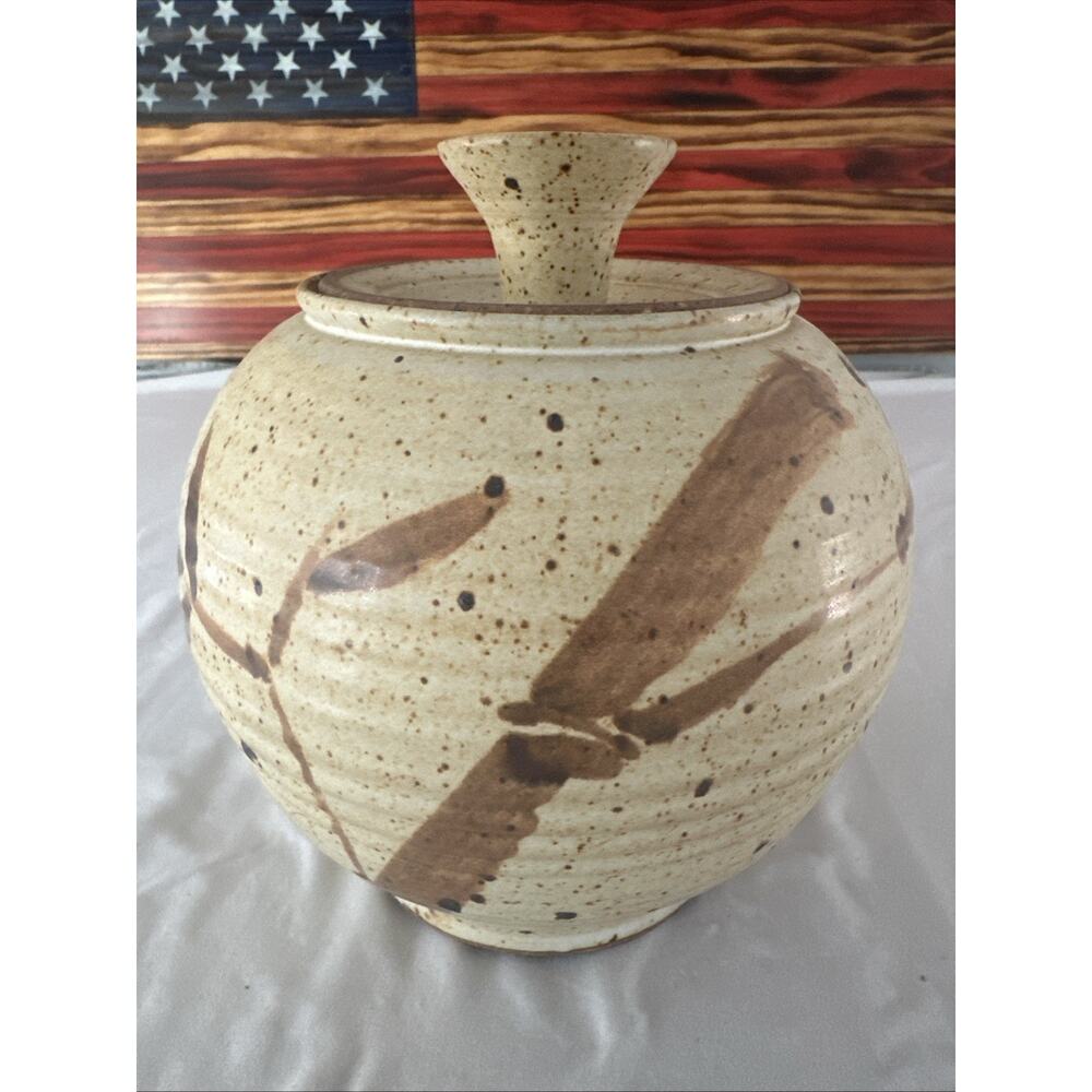 Studio Pottery Signed Floral Vase w Wide Lid Earthen Tones. 8 Inch Tall.